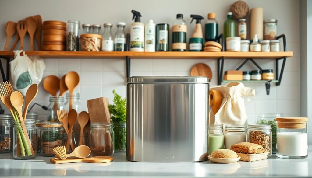 A brightly lit kitchen countertop showcasing an assortment of eco-friendly household goods. In the foreground, various glass containers, bamboo utensils, and reusable produce bags are neatly arranged. In the middle ground, a sleek stainless steel compost bin stands prominently, its brushed metal finish reflecting the natural light. In the background, shelves display an array of refillable cleaning products, natural sponges, and plant-based candles, creating a harmonious and sustainable scene. The overall mood is one of simplicity, functionality, and a commitment to environmental consciousness.