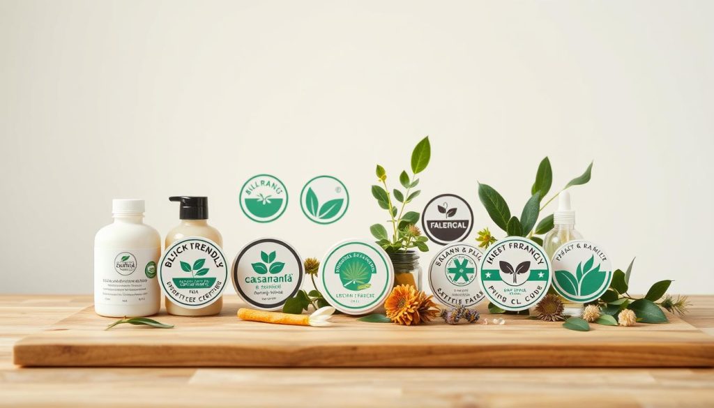 A clean, well-lit studio setting showcasing an arrangement of eco-friendly health product certifications. In the foreground, a collection of product seals and labels arranged neatly on a minimalist wooden surface, highlighting their distinctive designs and sustainable credentials. The middle ground features a selection of natural, plant-based ingredients commonly found in these products, such as leaves, flowers, and herbs, creating a cohesive and visually appealing composition. The background is a softly blurred, neutral-toned backdrop, allowing the certifications and natural elements to take center stage. The overall mood is one of trust, transparency, and a commitment to environmental responsibility.