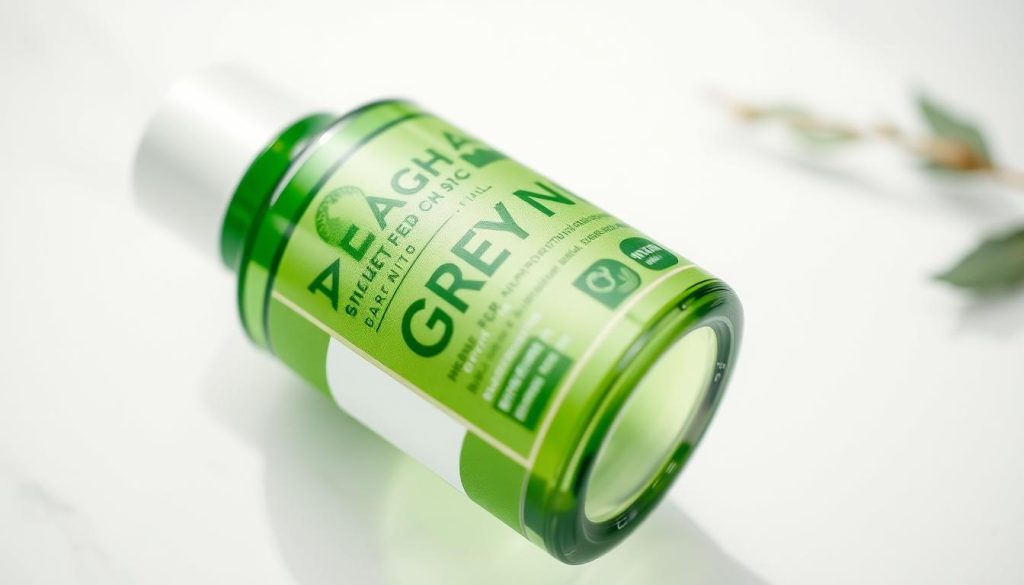 A high-quality close-up photograph of a green cosmetics label, capturing the intricate details and texture of the label design. The label is positioned on a clean, minimalist background, perhaps a soft white or light gray, allowing the label to be the central focus. The lighting is soft and natural, emphasizing the vibrancy of the green color and the clarity of the label's typography and imagery. The camera angle is slightly angled, creating depth and dimension, and the lens is focused to ensure sharpness throughout the label. The overall mood is one of simplicity, naturalness, and transparency, reflecting the "green" nature of the product.