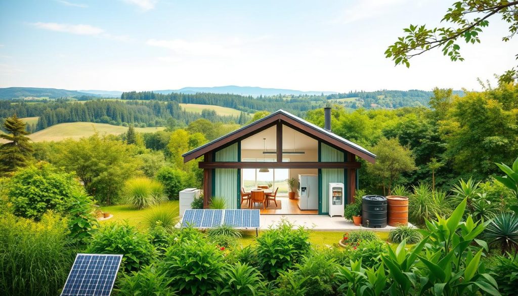 A lush, modern home surrounded by a verdant, well-tended garden. The foreground showcases a range of sustainable home health solutions, including a solar panel array, a rainwater harvesting system, and a composting station. In the middle ground, a bright, airy interior features ergonomic furniture, natural lighting, and a central air purifier. The background depicts a tranquil, nature-inspired landscape with rolling hills, a distant forest, and a clear, cloudless sky. The overall scene exudes a sense of harmony, balance, and environmental responsibility, capturing the essence of sustainable home health solutions for a greener future.