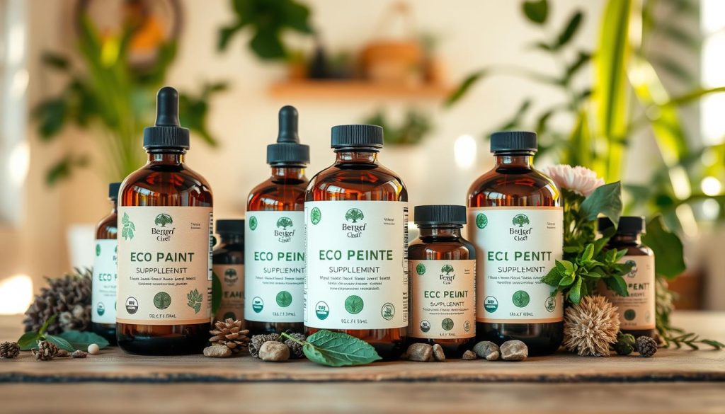A neatly arranged still life of eco-conscious health supplements, displayed on a wooden table. The foreground features an array of natural, organic supplements in amber glass bottles, with earthy-toned labels. The middle ground showcases a variety of fresh herbs, leaves, and flowers, complementing the supplements. The background depicts a softly lit, airy, and plant-filled environment, suggesting a serene, nature-inspired setting. The overall composition conveys a sense of wellness, sustainability, and a holistic approach to health. Warm, natural lighting casts a gentle glow, highlighting the natural textures and hues of the products. The perspective is slightly elevated, creating a visually appealing and inviting composition.