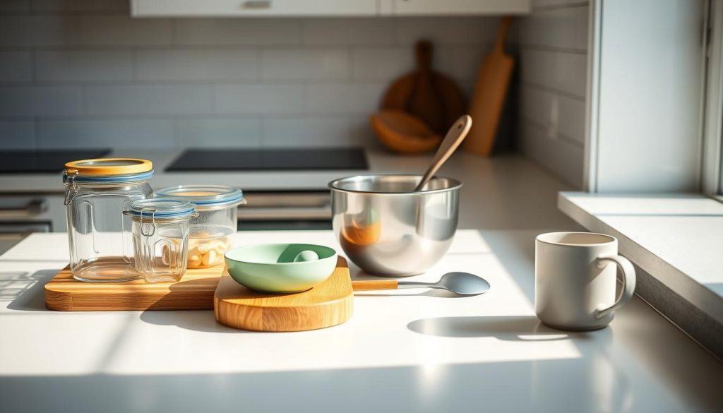 A pristine kitchen counter, bathed in soft, natural light. An assortment of non-toxic, eco-friendly kitchen essentials arranged with care: a bamboo cutting board, a set of glass storage containers, a stainless steel mixing bowl, a silicone spatula, and a ceramic mug. The items are positioned to create a harmonious, minimalist composition, emphasizing their functionality and sustainability. The overall atmosphere is serene and inviting, reflecting a commitment to a healthier, more conscious lifestyle.