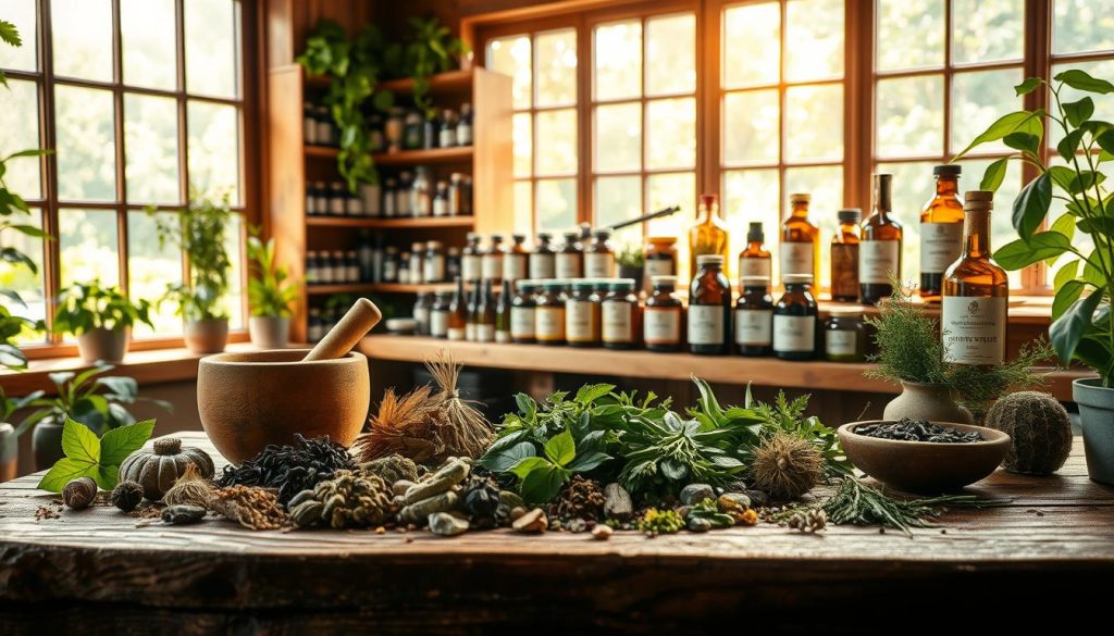 A serene herbal apothecary filled with lush greenery and natural light. In the foreground, various dried herbs and botanical ingredients are neatly arranged on a rustic wooden table, accompanied by a mortar and pestle. In the middle ground, glass jars containing tinctures, oils, and herbal supplements line the shelves, their labels promising holistic cleansing and detoxification. The background features large windows overlooking a tranquil garden, the soft, warm sunlight filtering through the space, creating a calming, inviting atmosphere. The overall scene conveys a sense of natural healing and wellness, perfect for illustrating herbal cleanse techniques.