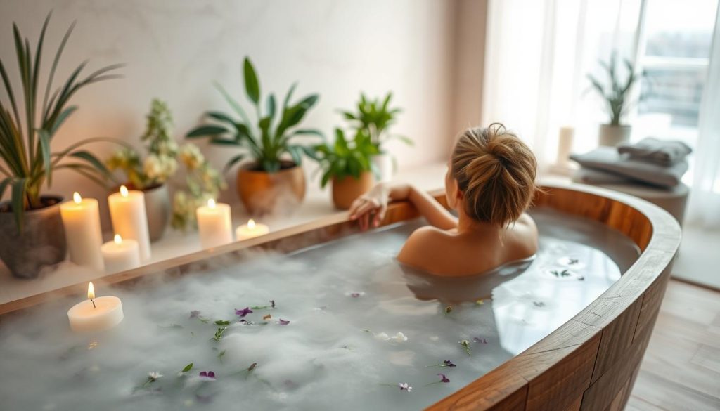 A serene, softly lit scene showcasing gentle body detox methods. In the foreground, a person relaxing in a wooden bathtub, surrounded by steaming water infused with soothing herbs and flowers. Candles flicker, casting a warm glow. In the middle ground, lush greenery and tranquil plants adorn the space, creating a calming atmosphere. The background features a minimalist, spa-like environment with natural stone accents and diffused lighting, inviting a sense of balance and rejuvenation. The overall mood is one of relaxation, restoration, and a holistic approach to body cleansing.
