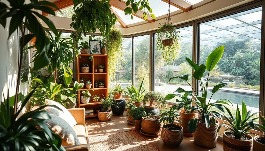 A serene, sun-dappled indoor garden, filled with lush potted plants and natural textures. In the foreground, a cozy seating area with plush cushions and a woven rug. Indirect lighting creates a warm, inviting ambiance. The middle ground showcases a wooden bookshelf, adorned with succulents and natural decor. Large windows in the background offer a panoramic view of a flourishing outdoor garden, with a calming water feature visible. The overall atmosphere exudes a sense of tranquility and harmony, embodying the essence of a sustainable wellness environment.