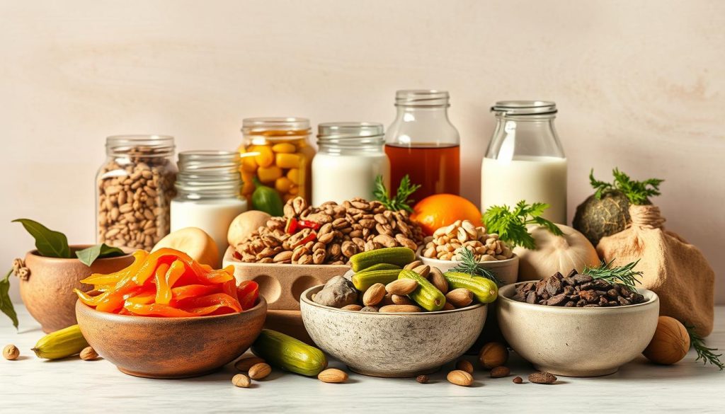 A still life arrangement showcasing a variety of probiotic-rich foods against a soft, natural backdrop. In the foreground, a selection of fermented vegetables like sauerkraut, pickles, and kimchi are displayed in rustic ceramic bowls. Behind them, glass jars filled with plain yogurt, kefir, and kombucha are positioned with care. The middle ground features assorted nuts, seeds, and fresh herbs, complementing the fermented elements. In the background, a subtle gradient of neutral tones creates a calming, earthy ambiance, evocative of a well-stocked pantry or kitchen counter. Warm, indirect lighting from the side gently illuminates the scene, highlighting the vibrant colors and textures of the probiotic-rich foods. The overall composition conveys a sense of balance, wellness, and the nurturing properties of these gut-healthy ingredients.