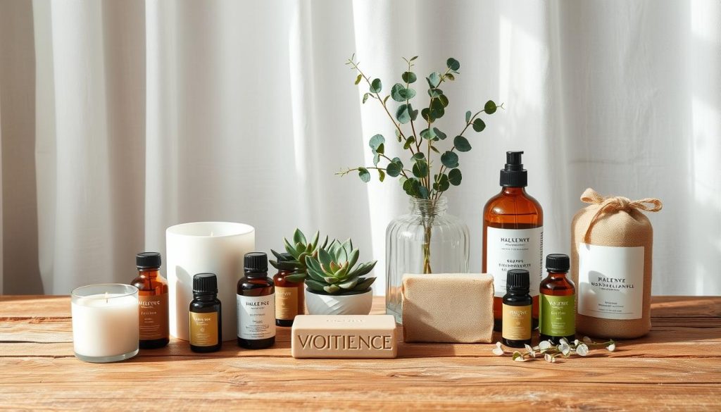 A tranquil and minimalist still-life scene of natural home detoxification products artfully arranged on a rustic wooden table. In the foreground, an assortment of aromatherapy candles, essential oils, and natural soap bars. In the middle ground, a few potted succulents and a crystal vase filled with fresh eucalyptus sprigs. The background features a white linen curtain, casting a soft, natural light across the scene. The overall mood is calming, earthy, and rejuvenating, conveying a sense of simplicity and wellness.