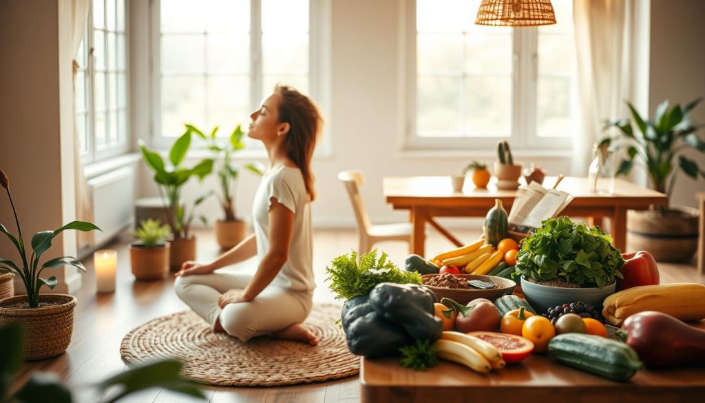 A tranquil scene of sustainable wellness practices unfolds, captured in soft, natural lighting. In the foreground, a person sits cross-legged on a woven mat, eyes closed in deep meditation, surrounded by potted plants and a candle flickering gently. In the middle ground, a colorful array of fresh produce and healthy snacks adorn a wooden table, inviting mindful nourishment. In the background, large windows bathe the space in warm, golden hues, creating a serene and inviting atmosphere. The overall scene exudes a sense of balance, harmony, and a commitment to holistic well-being.