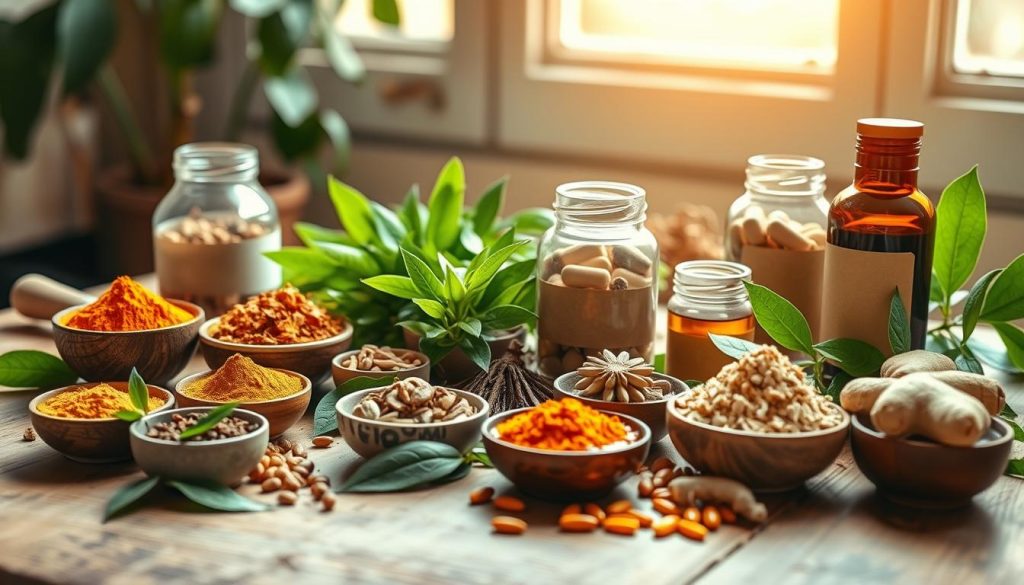 A vibrant still life of Ayurvedic herbs and supplements arranged on a rustic wooden table. In the foreground, a selection of fragrant spices and powders like turmeric, ashwagandha, and ginger are displayed in small bowls. In the middle ground, lush green leaves of tulsi and moringa surround glass jars filled with herbal capsules and tinctures. The background features a window with soft natural lighting, casting a warm glow over the scene. The overall mood is one of wellness, vitality, and the restorative power of ancient Ayurvedic practices.