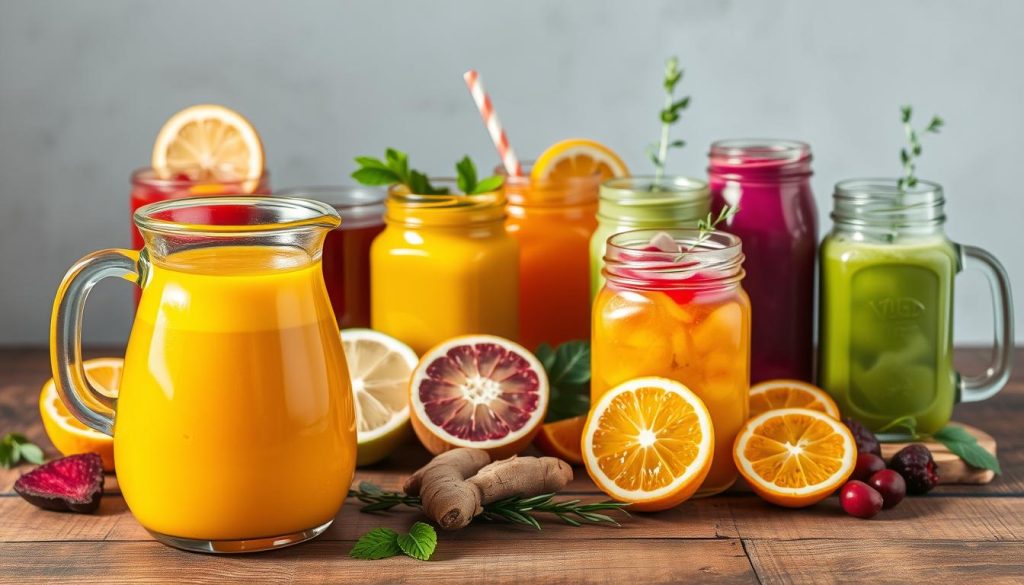 A vibrant still life of an assortment of immune-boosting beverages, artfully arranged on a rustic wooden table. In the foreground, a glass pitcher filled with a golden turmeric elixir, its surface glistening under warm, natural lighting. Surrounding it, an array of mason jars containing colorful concoctions - a deep red beet and ginger tonic, a vibrant green matcha latte, and a vibrant purple berry smoothie. In the middle ground, sliced citrus fruits, fresh ginger, and sprigs of herbs add pops of color and texture. The background features a simple, neutral backdrop, allowing the beverages to take center stage and evoke a sense of health, vitality, and rejuvenation.