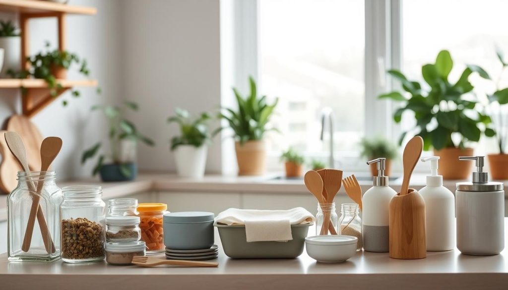 A well-lit, airy kitchen counter with an assortment of zero-waste, eco-friendly home essentials. In the foreground, an array of reusable glass jars, silicone lids, and bamboo utensils. The middle ground features a compost bin, a DIY beeswax wrap, and a minimalist ceramic soap dispenser. The background showcases lush potted plants, natural wood shelving, and a large window letting in soft, diffused sunlight. The overall mood is one of simplicity, sustainability, and a serene, nature-inspired ambiance.