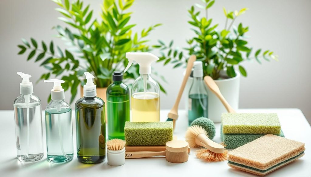 A well-lit, high-angle studio shot showcasing an assortment of green cleaning products. In the foreground, a selection of eco-friendly, plant-based cleaning solutions in sleek, minimalist bottles and containers, arranged neatly on a white surface. The middle ground features a variety of natural, biodegradable sponges, brushes, and scrubbing pads in shades of green and earth tones. In the background, a lush, verdant potted plant or two provides a soothing, natural backdrop, complementing the sustainable theme. The overall scene radiates a sense of cleanliness, simplicity, and environmental consciousness.