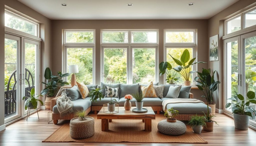 a cozy, well-lit living room with large windows overlooking a lush, verdant garden. the room is filled with natural light and features a variety of sustainable home furnishings and decor, including a comfortable sofa made from recycled materials, a coffee table crafted from reclaimed wood, and potted plants that help purify the air. the walls are painted in muted, earthy tones, and the floors are covered in a warm, eco-friendly rug. the overall atmosphere is inviting and serene, conveying a sense of environmental consciousness and a healthier indoor environment.